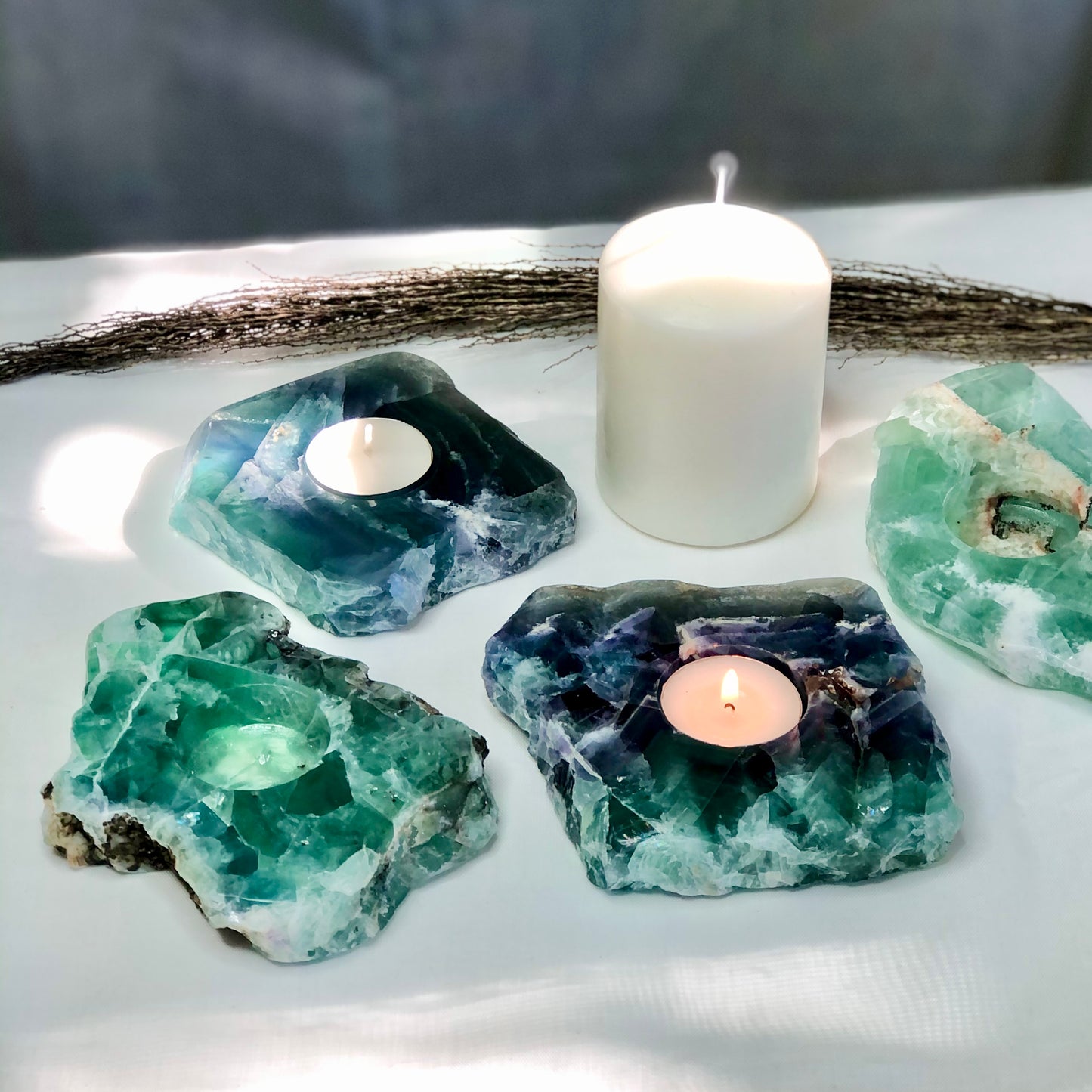 Fluorite green polished top crystal candle holder
