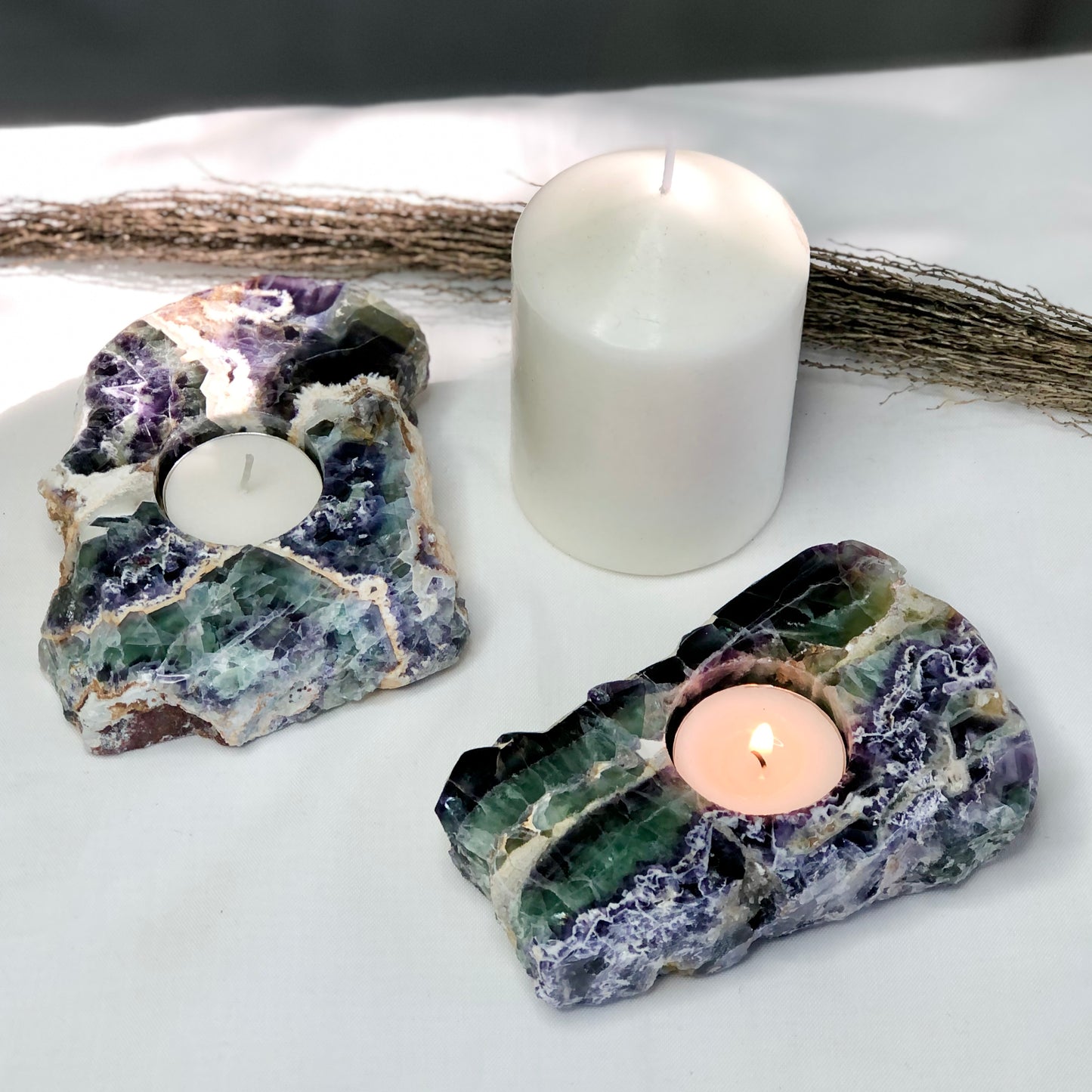 Fluorite rainbow polished top crystal candle holder