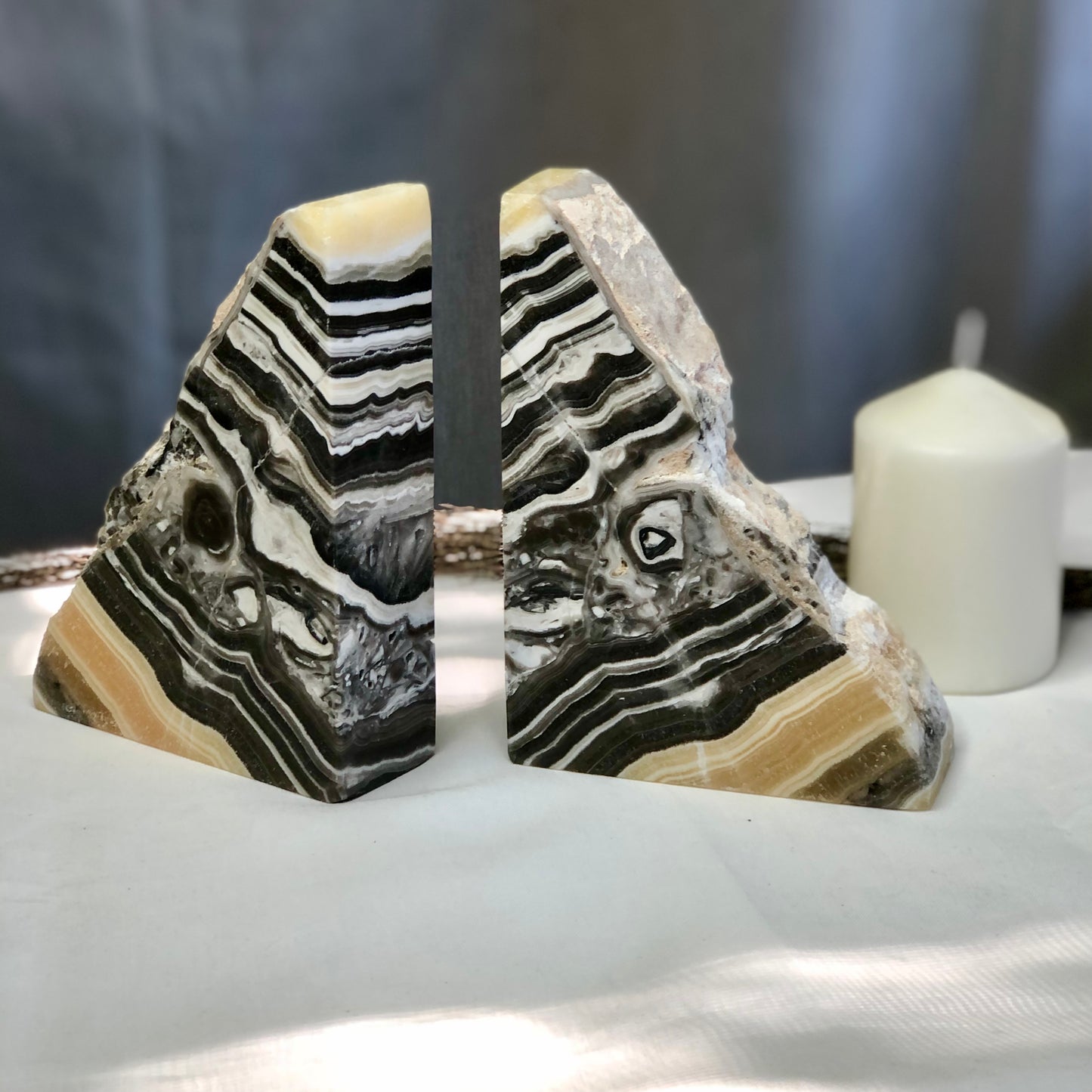 Zebra orange calcite + Aragonite crystal bookend pair