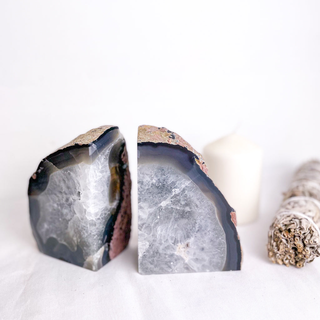 Natural Agate crystal geode stone bookend pair grey XL 2