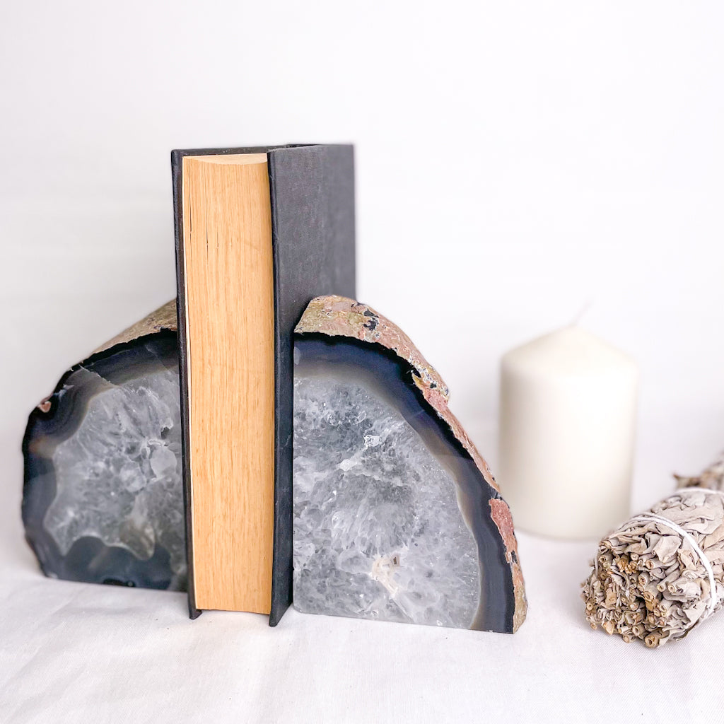 Natural Agate crystal geode stone bookend pair grey XL 2