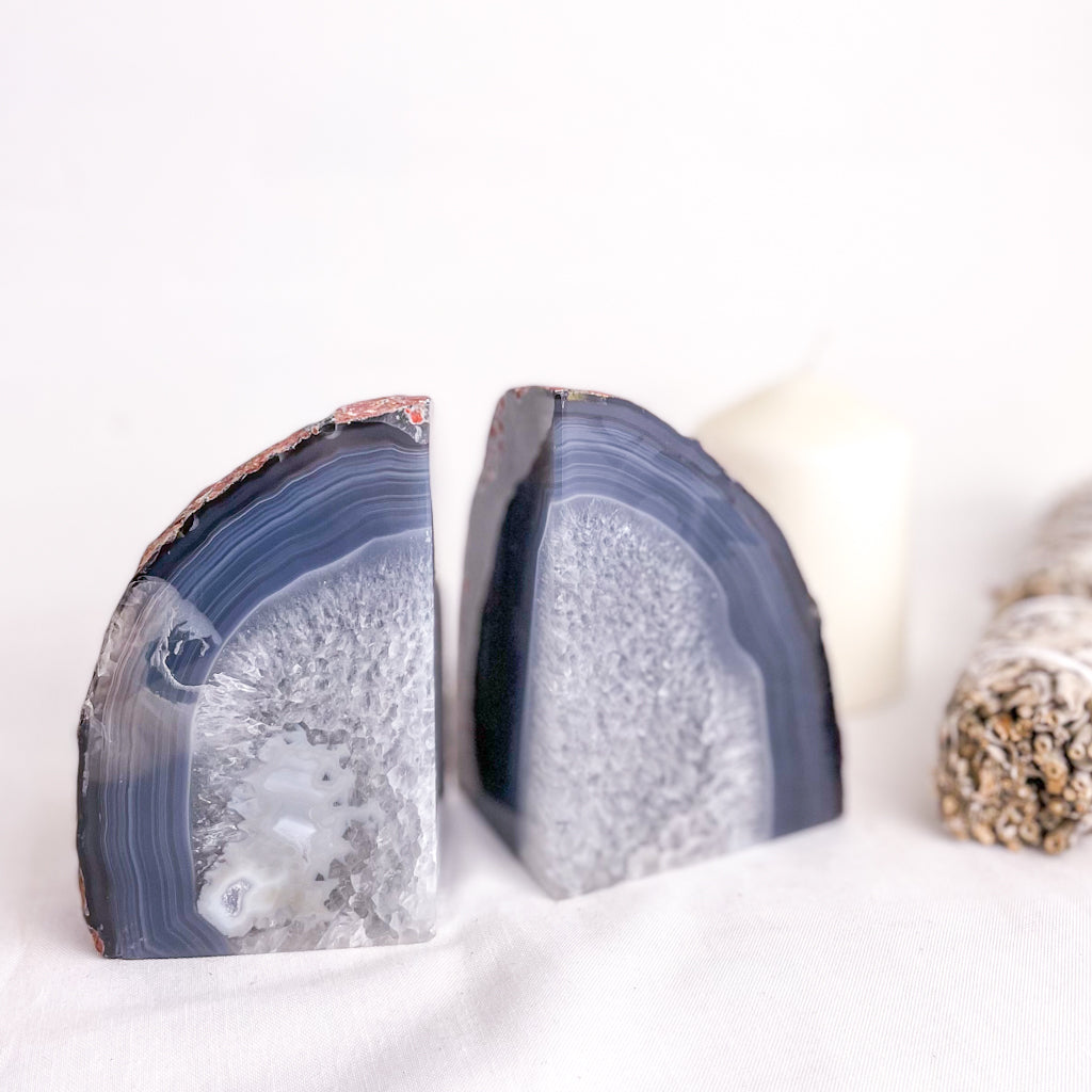 Natural Agate crystal geode bookend pair grey XL