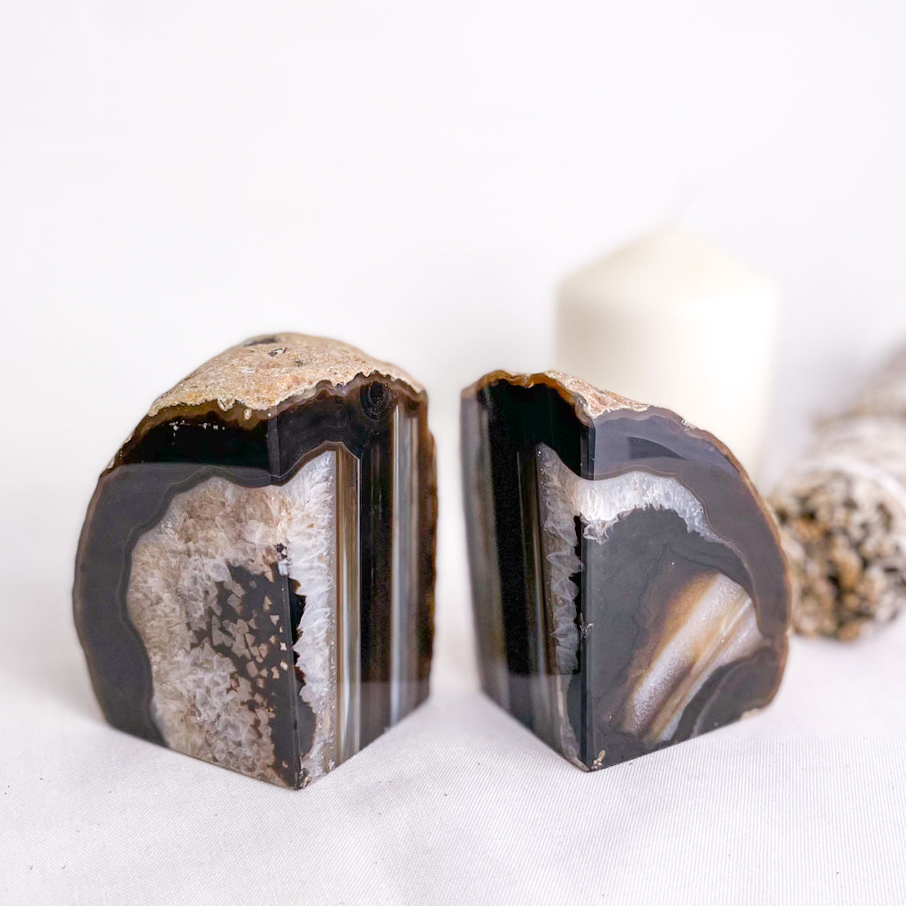 Natural Agate crystal geode bookend pair brown
