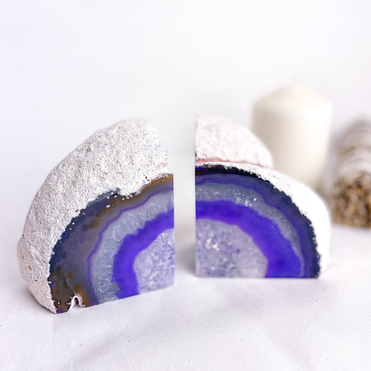 Coloured Agate crystal geode bookend pair purple L