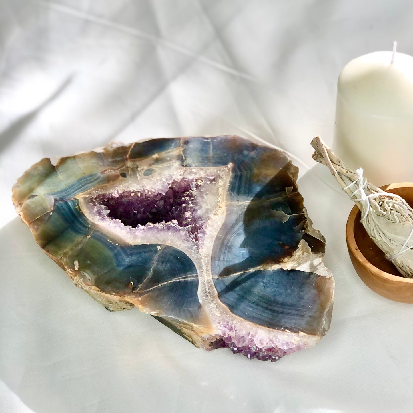 Blue Lace Agate + Amethyst crystal geode thick slab L