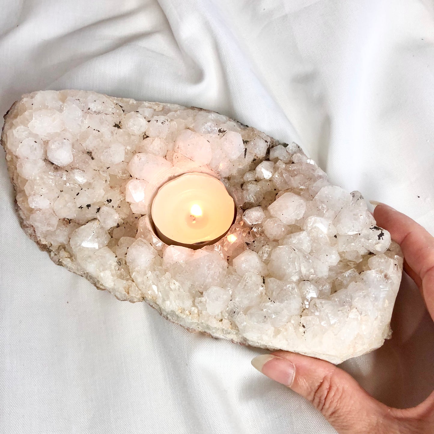 Snow clear quartz crystal cluster candle