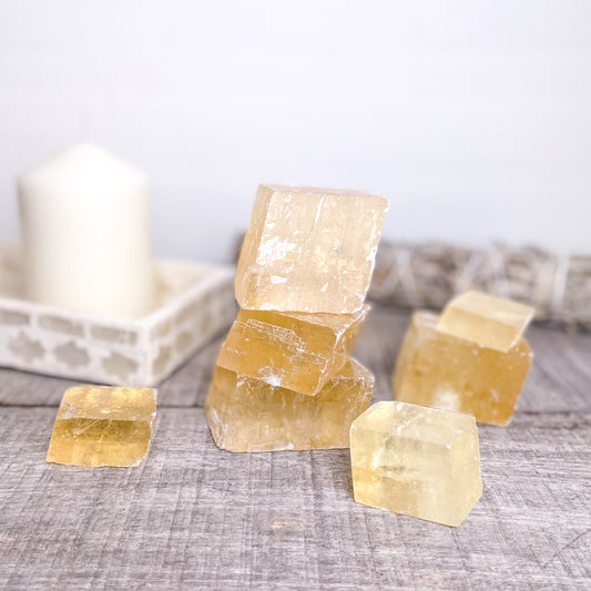 Calcite honey crystal raw optical rhomb cube