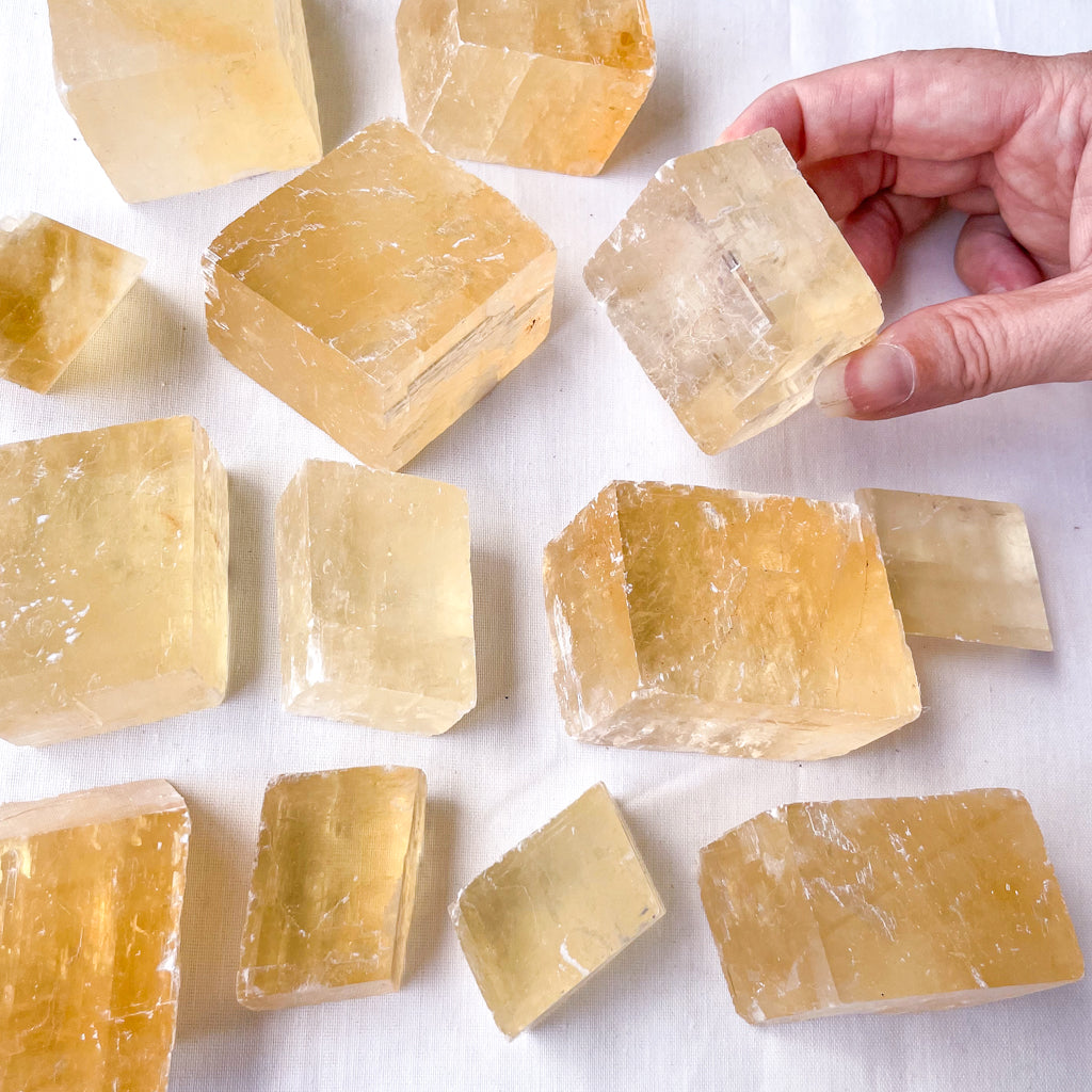 Calcite honey crystal raw optical rhomb cube