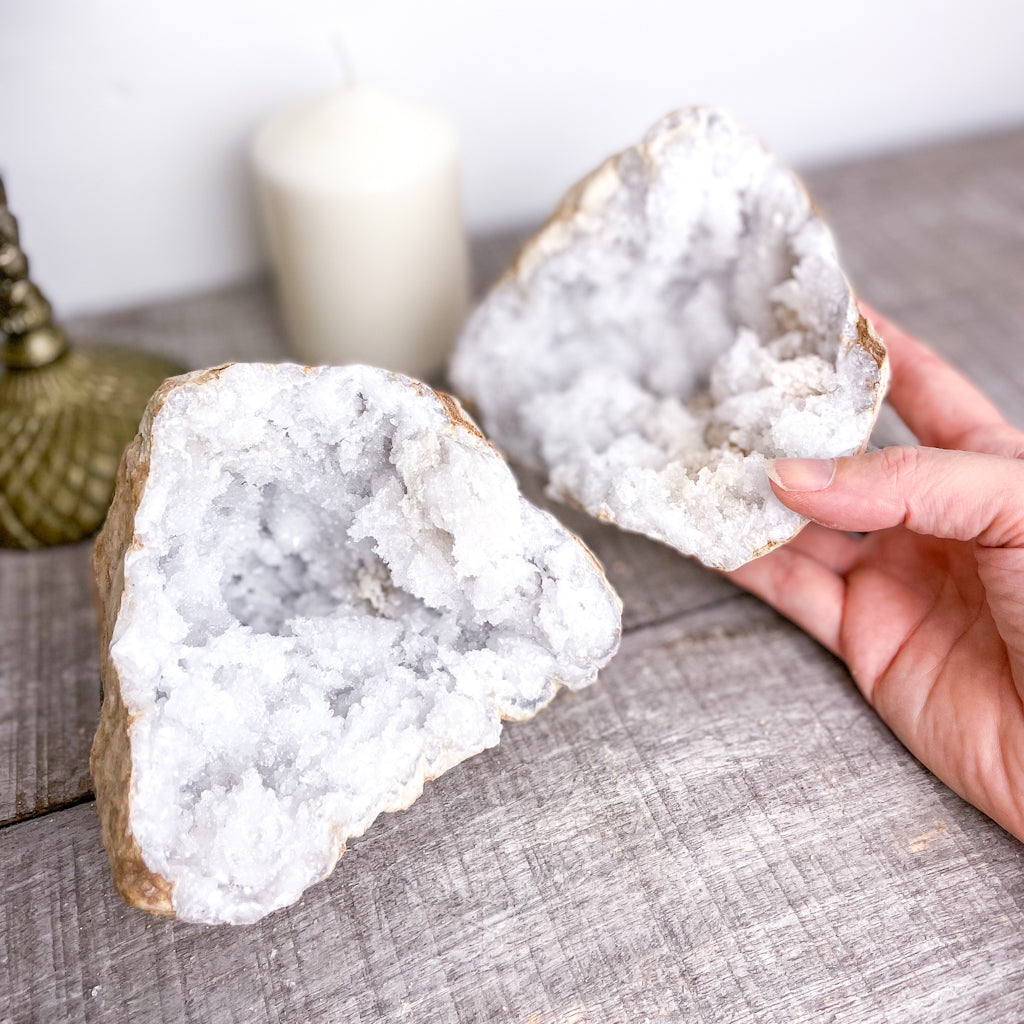 Clear quartz crystal geode cave pair L4