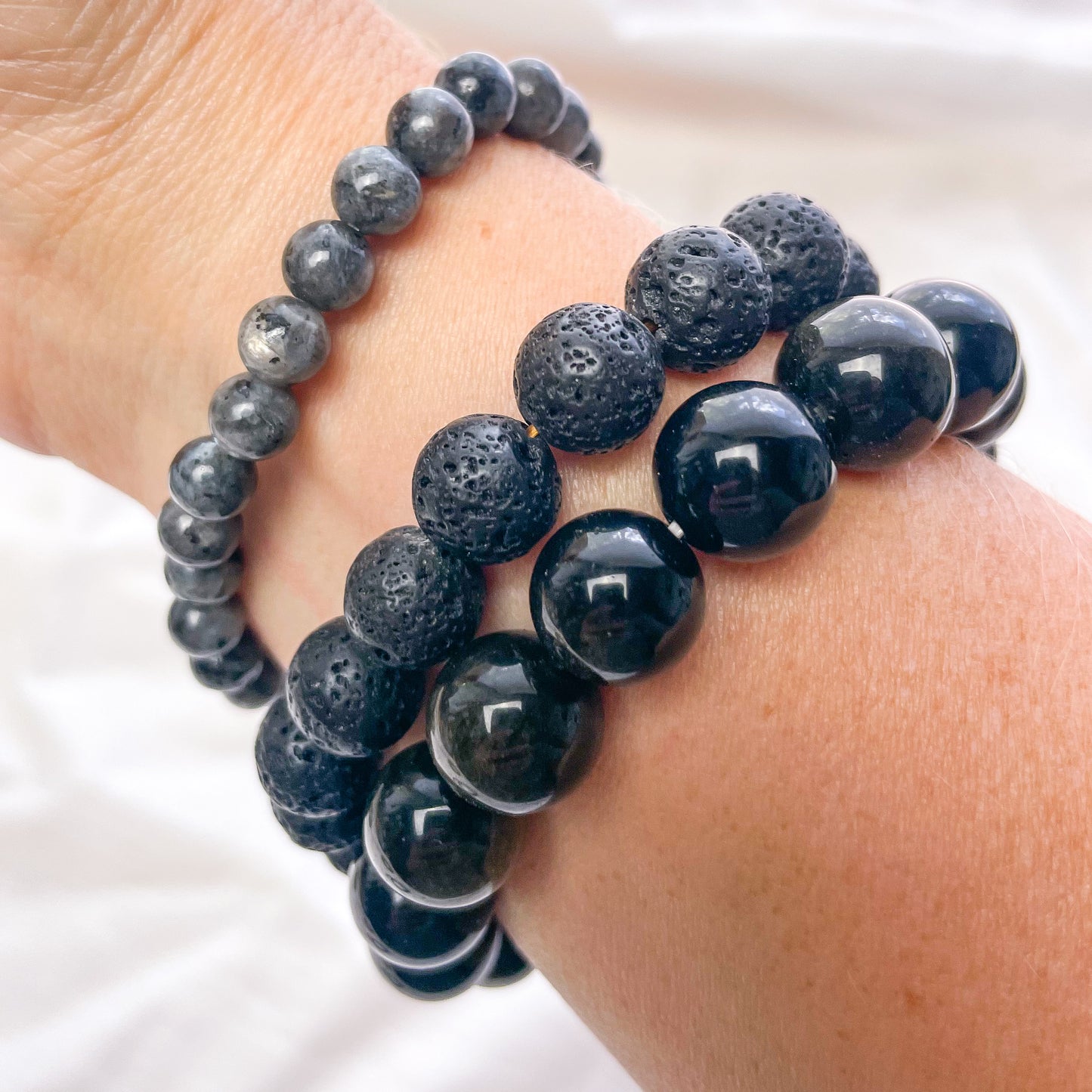 Crystal bead bracelet - Larvikite, lavastone or gold sheen obsidian