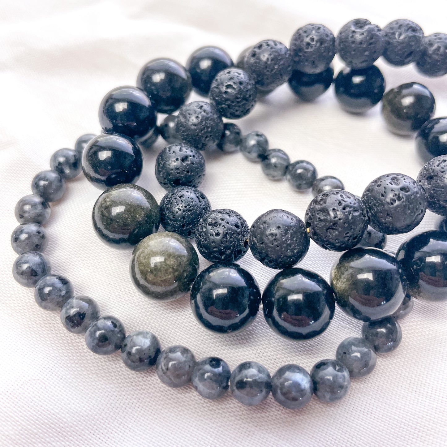 Crystal bead bracelet - Larvikite, lavastone or gold sheen obsidian