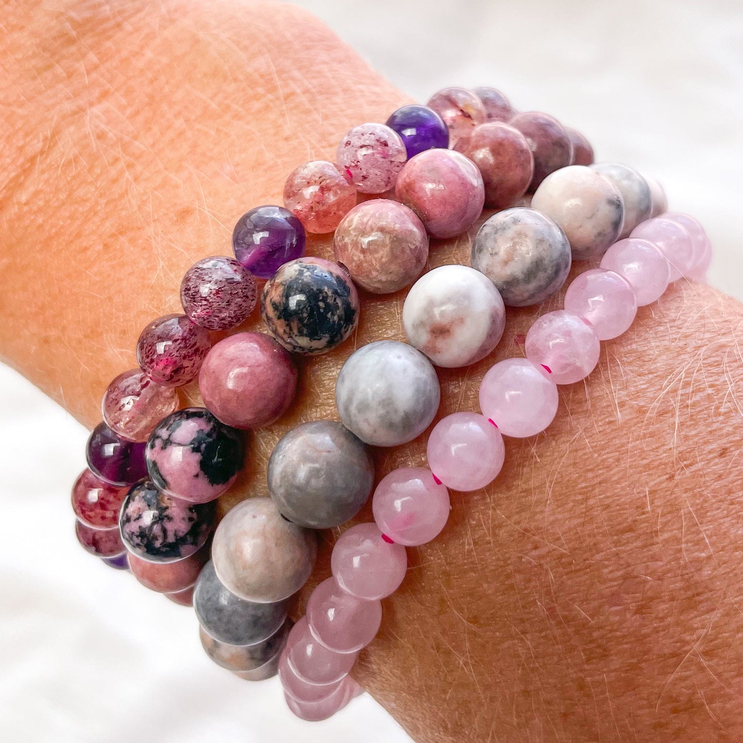 Crystal bead bracelet - Melody stone, rose quartz, rhodonite or pink zebra jasper