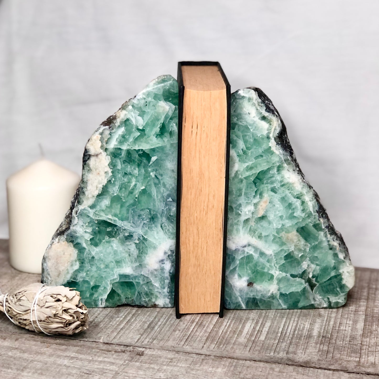 Fluorite green polished crystal bookend pair