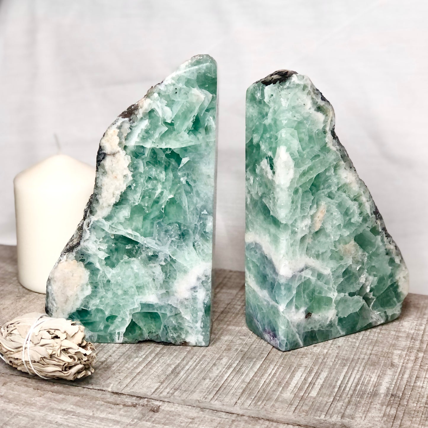 Fluorite green polished crystal bookend pair