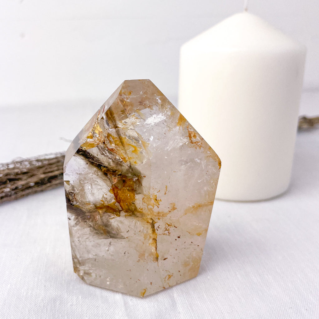Rutilated quartz crystal point tower polished freeform