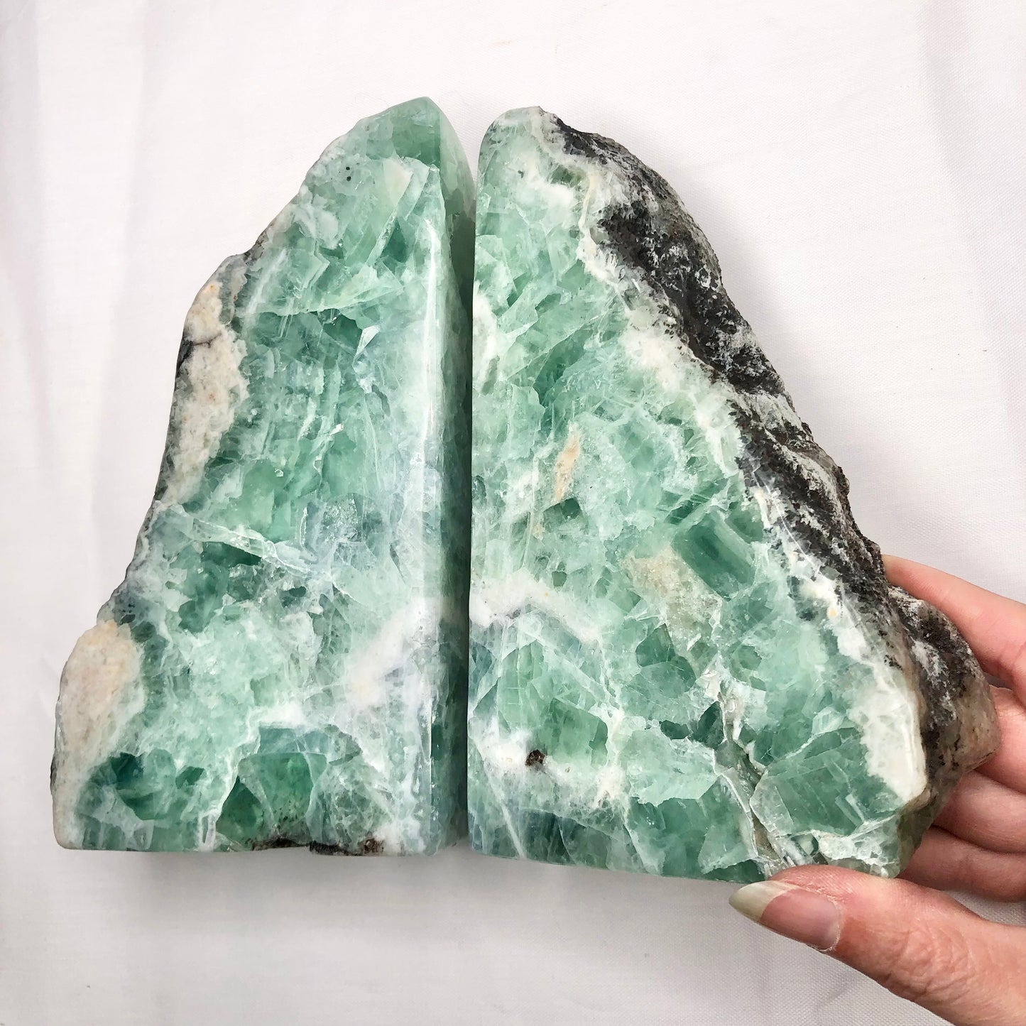 Fluorite green polished crystal bookend pair