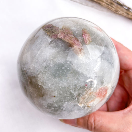 Lepidolite, Smoky quartz, Tourmaline, Aquamarine + Charoite crystal sphere