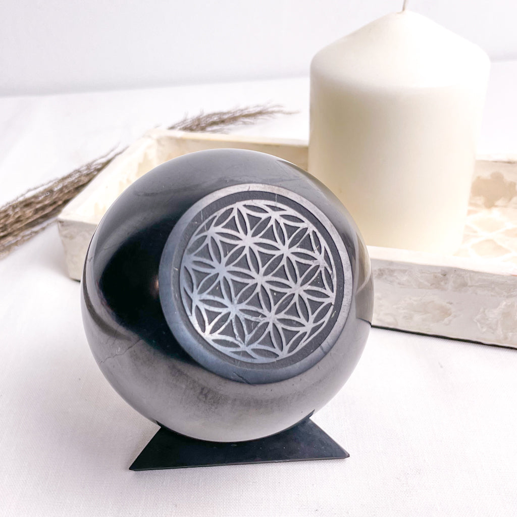 Shungite large crystal sphere flower of life with stand