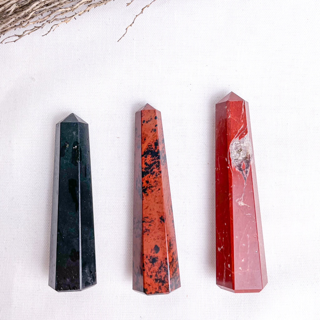 Trio of crystal ring holder towers - Tourmaline, Mahogany Obsidian + Red jasper points bundle