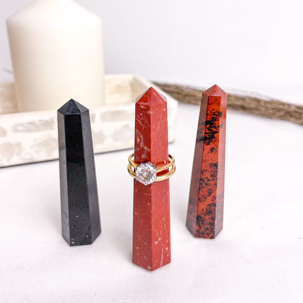 Trio of crystal ring holder towers - Tourmaline, Mahogany Obsidian + Red jasper points bundle