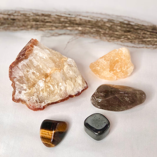 POSITIVITY gift bundle - Orange calcite, Hematite, Tigers eye, Smoky quartz + Golden Healer Quartz