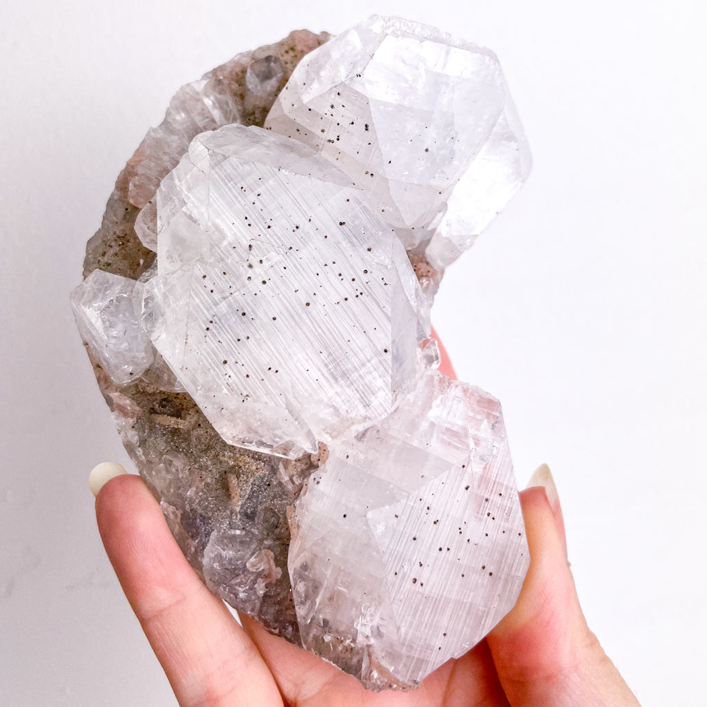 Apophyllite, morganite + goethite crystal cluster