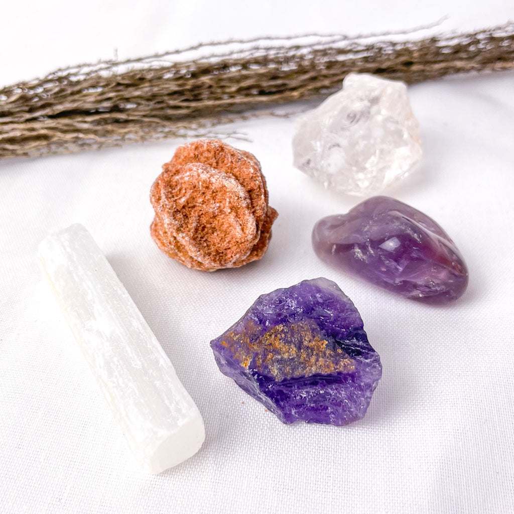 Crystal bundle - Amethyst raw + tumble, Selenite, Desert Rose + Clear quartz