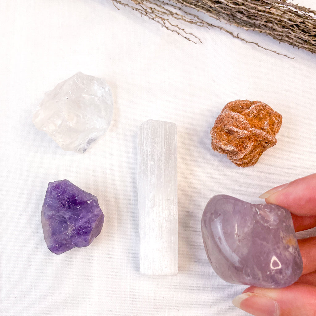 Crystal bundle - Amethyst raw + tumble, Selenite, Desert Rose + Clear quartz
