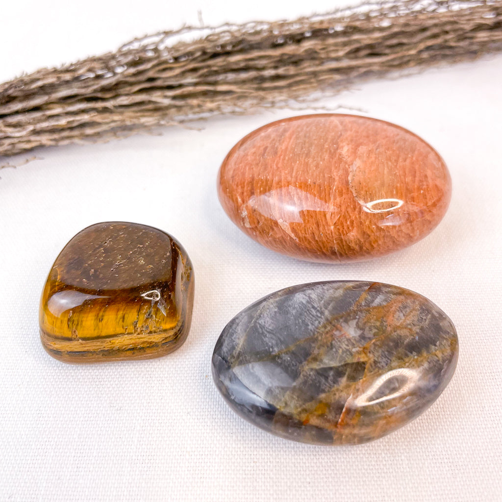 Trio of crystals - Black + Peach Moonstone palm stones + Tigers eye large tumble