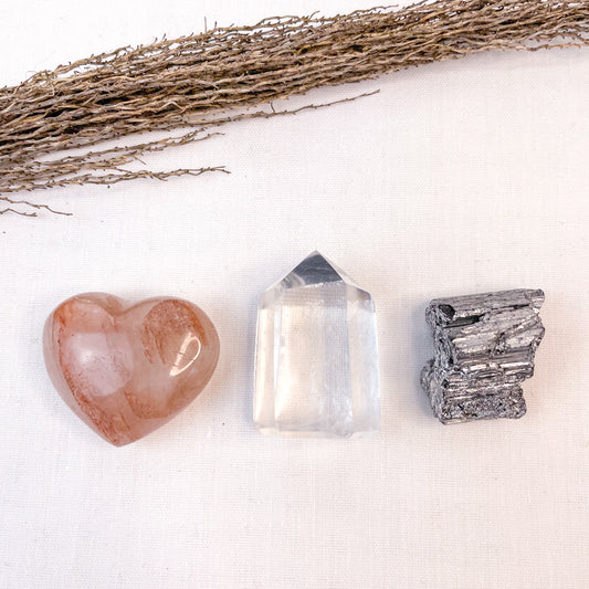 Trio of crystals - Hematite quartz heart, Clear quartz tower, Aura tourmaline