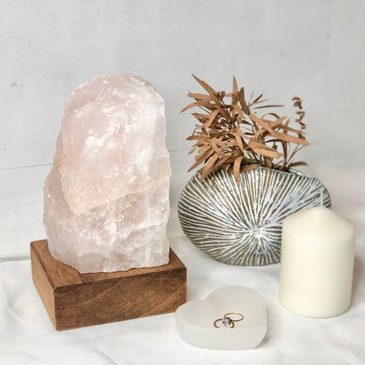 Rose quartz crystal raw rock lamp light with wooden base XL