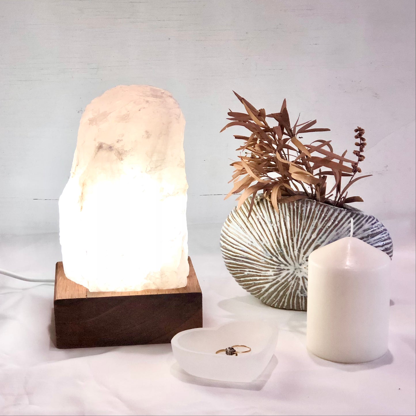 Rose quartz crystal raw rock lamp light with wooden base XL