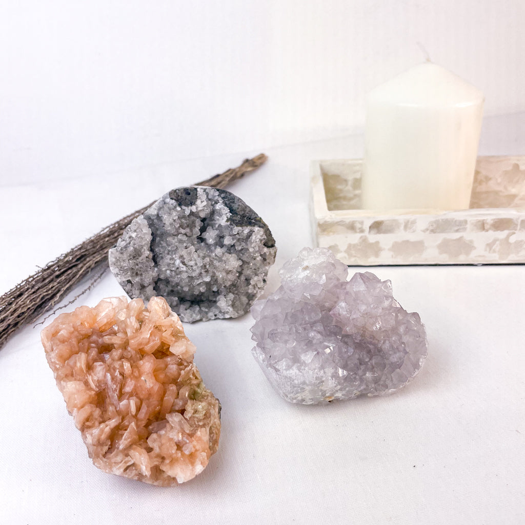 Grey apophyllite, peach stilbite + lilac amethyst crystal cluster trio