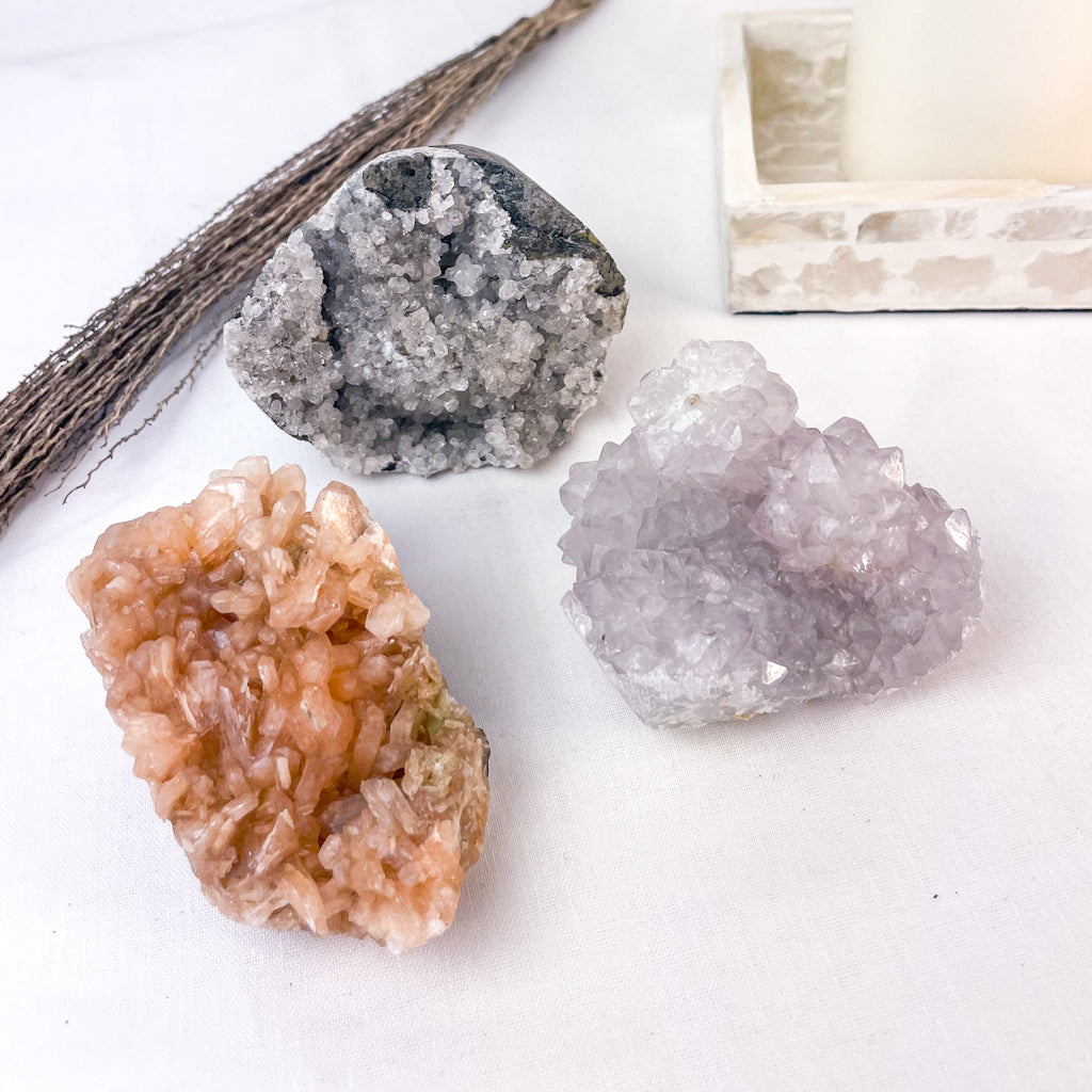 Grey apophyllite, peach stilbite + lilac amethyst crystal cluster trio