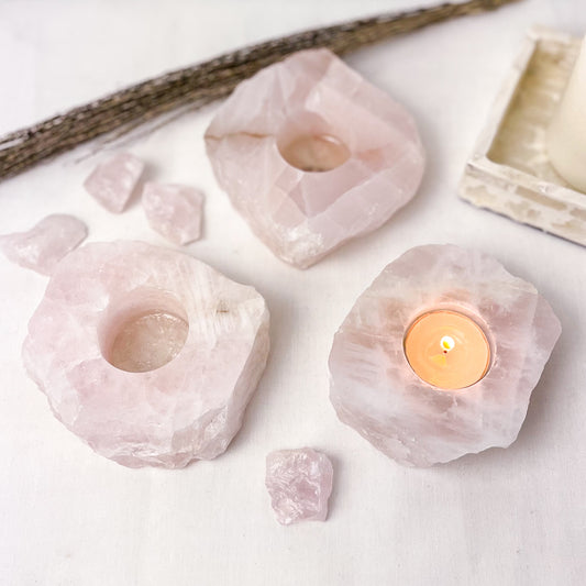 Rose quartz crystal raw + polished candle holder