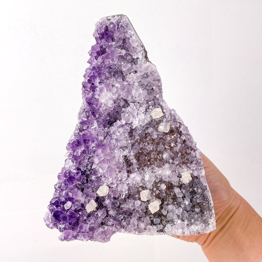 Amethyst + Calcite crystal flat base cluster