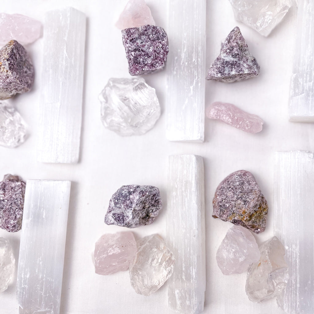Crystal raw bundle - Lepidolite, Clear Quartz, Rose Quartz + Selenite