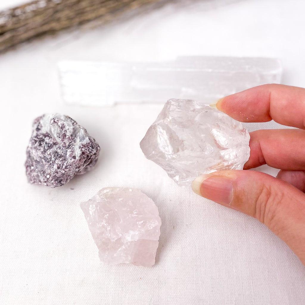 Crystal raw bundle - Lepidolite, Clear Quartz, Rose Quartz + Selenite