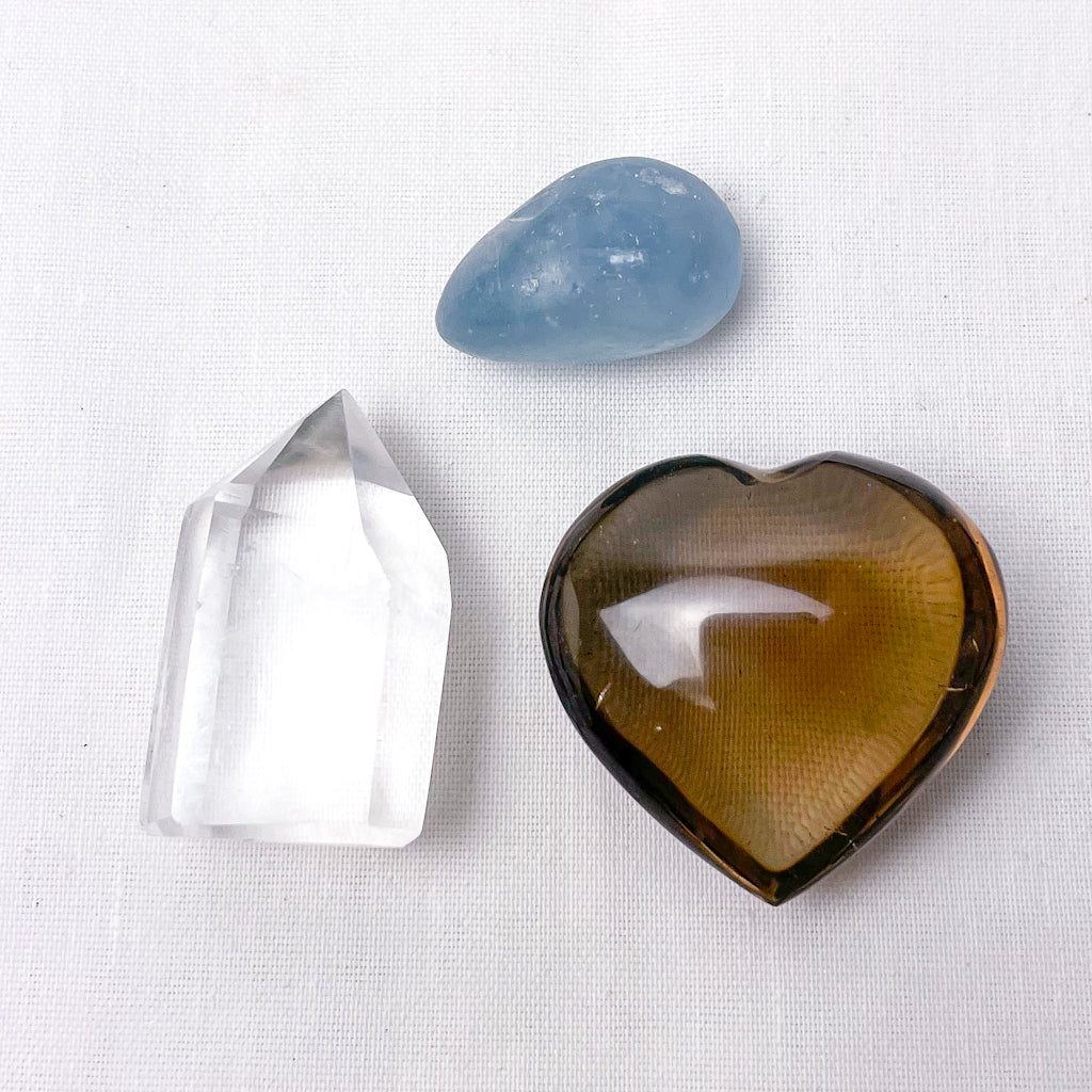 Crystal heart + point bundle - PROTECTION - Clear Quartz, Celestite + Smoky Quartz