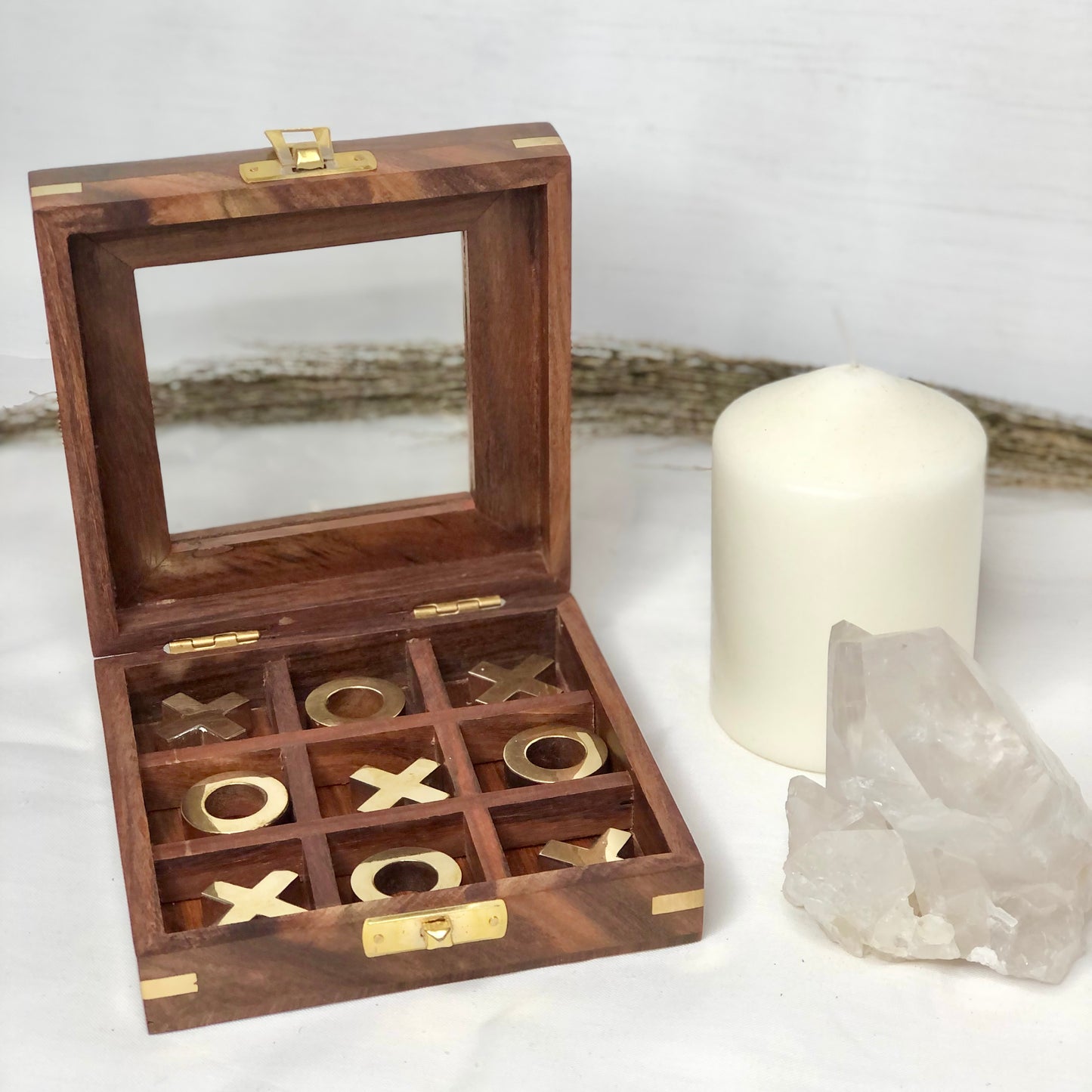 Hand crafted wood, glass + brass game box