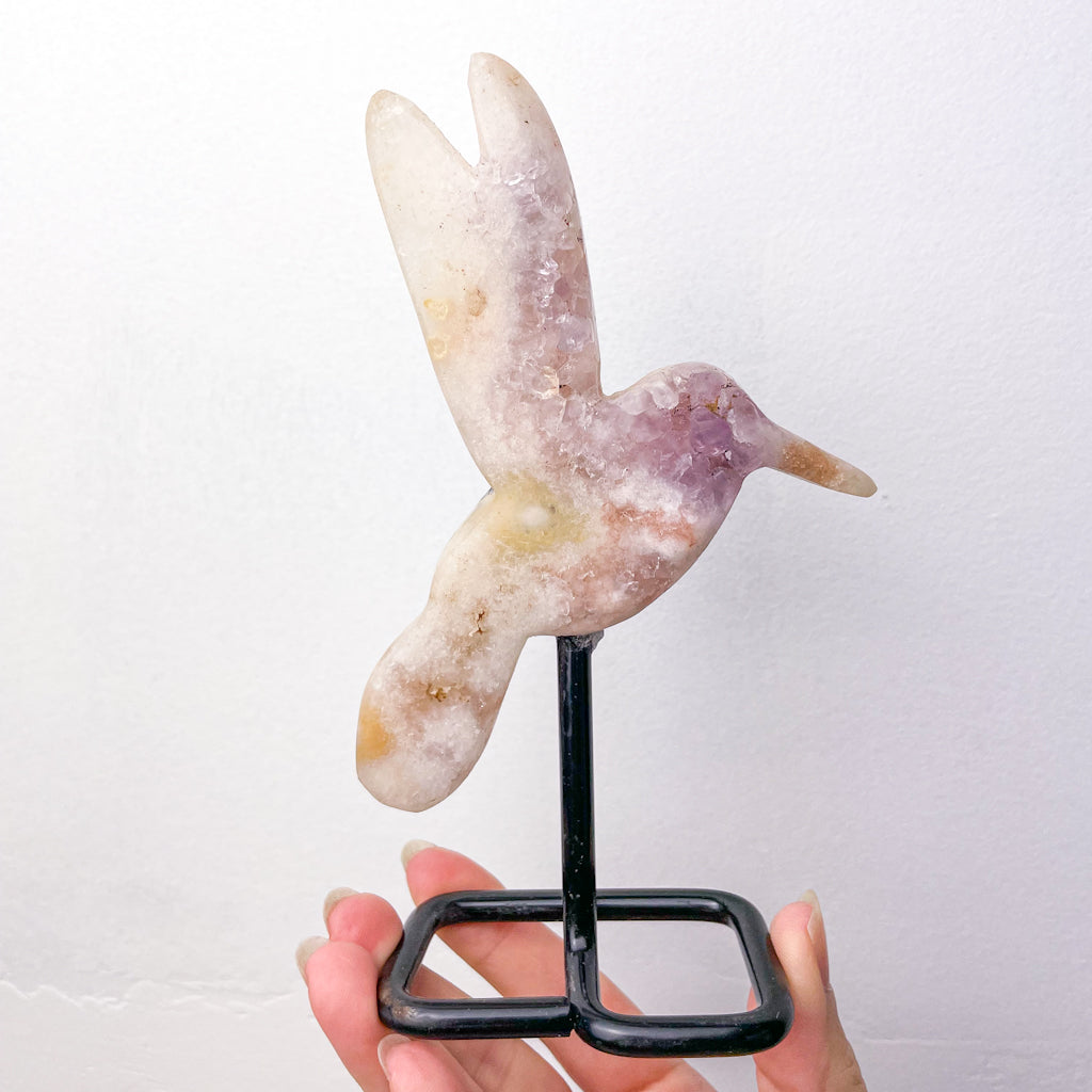 Pink Amethyst crystal hummingbird on stand