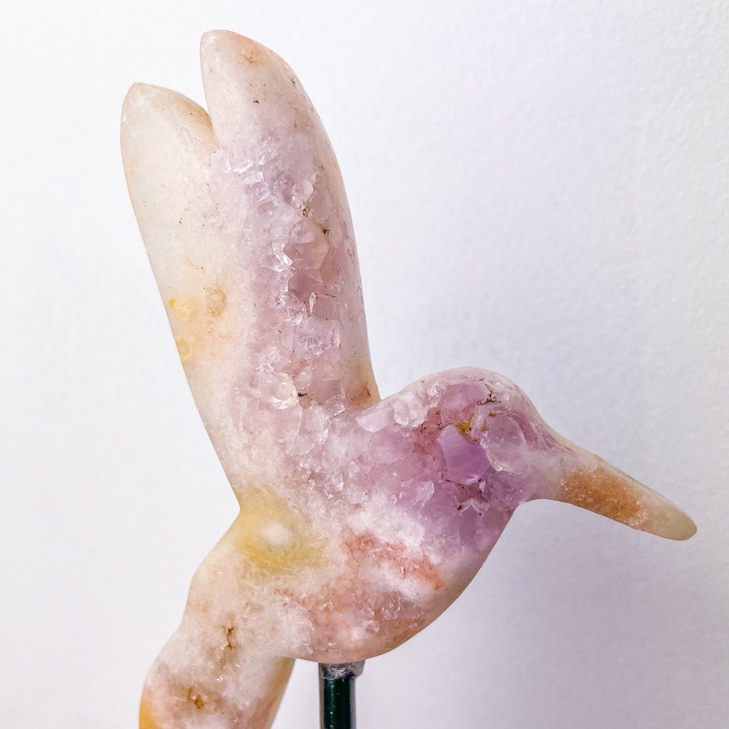 Pink Amethyst crystal hummingbird on stand