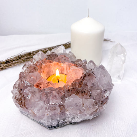 Amethyst + Phantom Goethite crystal cluster candle holder XL