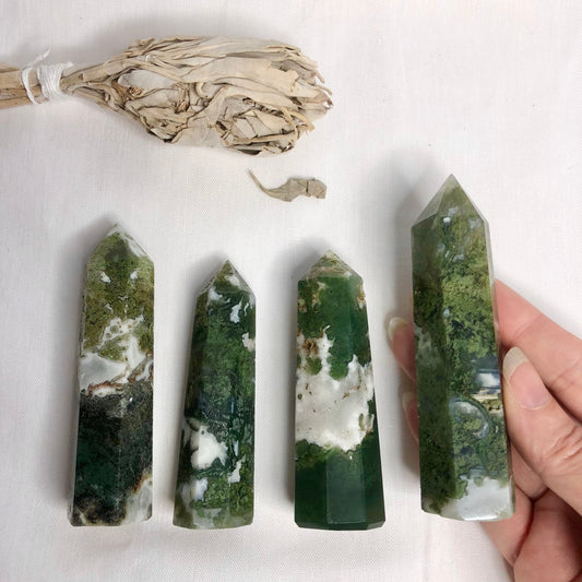 Moss agate crystal point generator tower