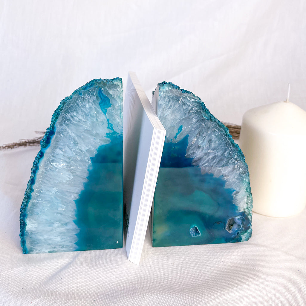 Coloured Agate crystal geode bookend pair teal blue XL