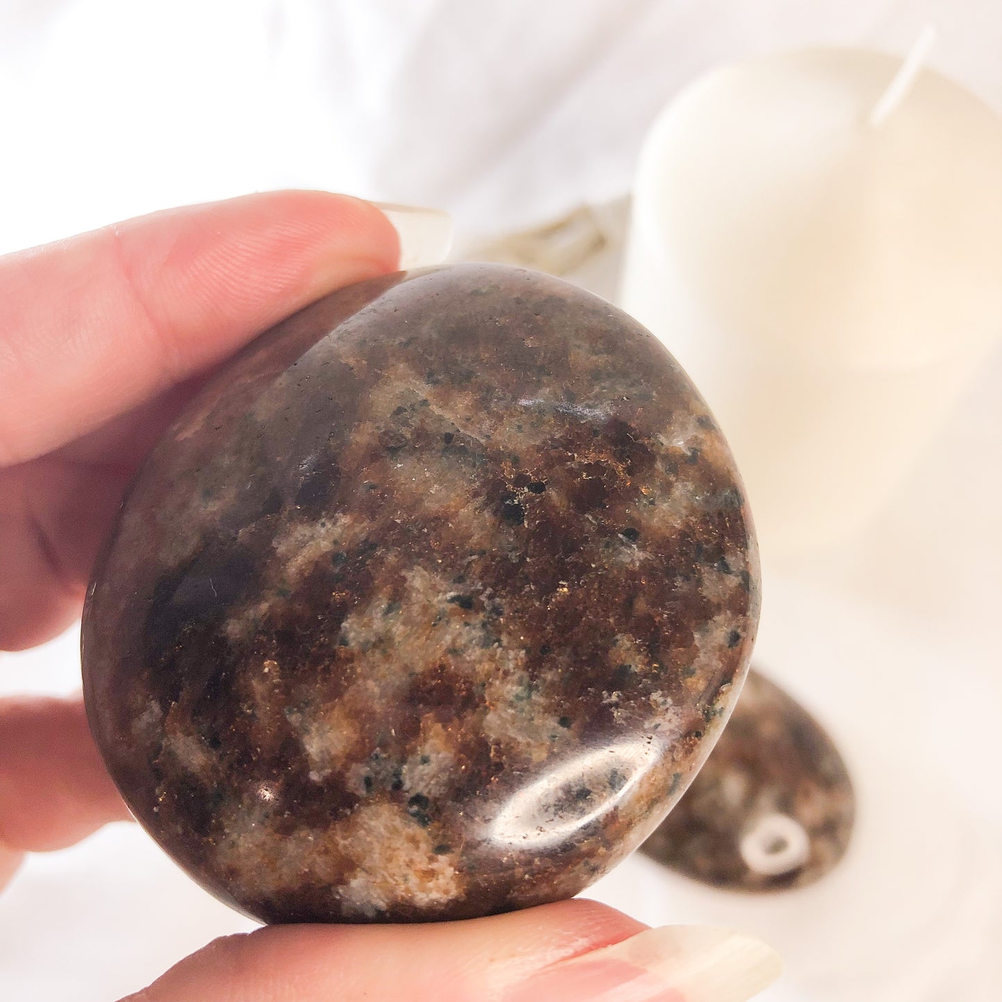 Garnet, Feldspar + Quartz crystal palm stone