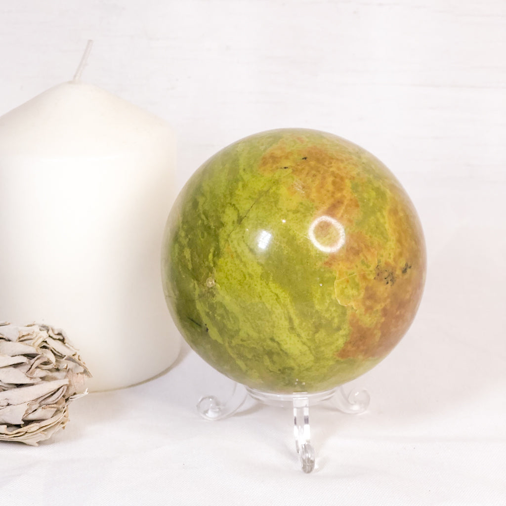Green opal crystal sphere with stand