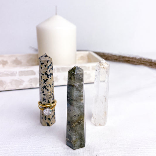 Trio of crystal ring holder towers - Labradorite, Dalmation jasper + Clear quartz points bundle