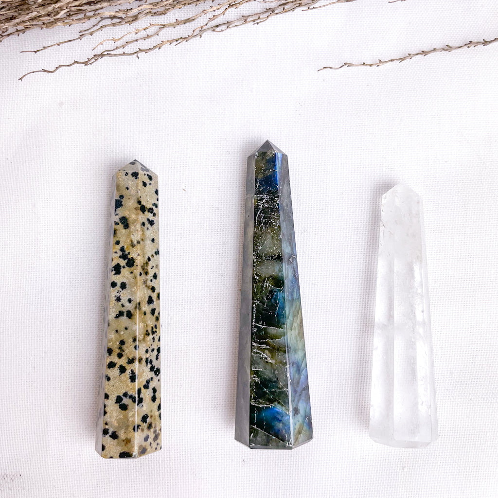 Trio of crystal ring holder towers - Labradorite, Dalmation jasper + Clear quartz points bundle