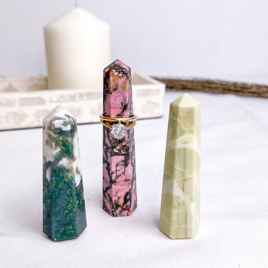 Trio of crystal ring holder towers - Moss agate, Rhodonite + Jade points bundle